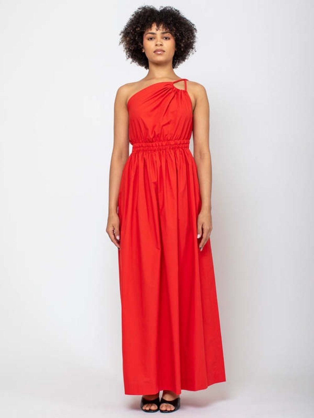 Tela Paula Red Cotton Poplin One Strappy Shoulder Gathered Waist Maxi Dress XS